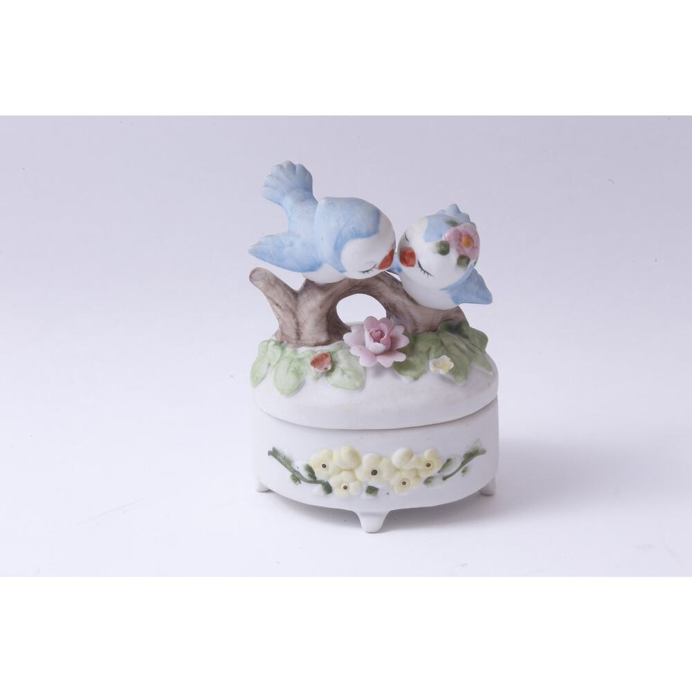 Two Birds, Couple, Ceramic, Oval Box, Floral Pattern, White, 4" Tall, Jewelry,